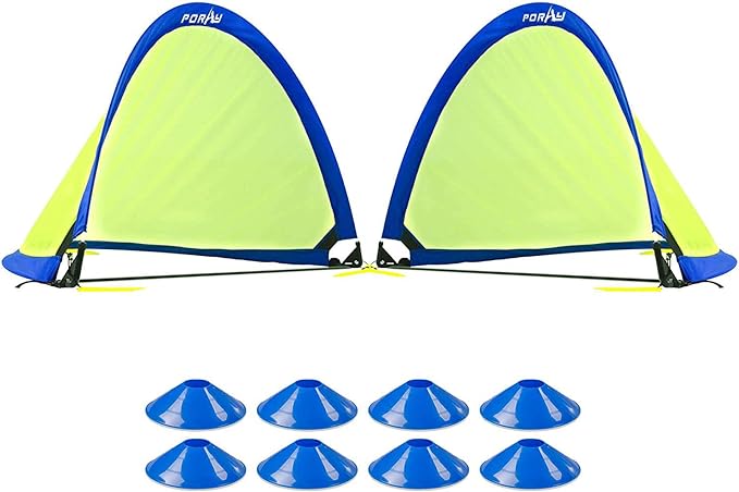 Poray Soccer Goal for Kid Easy-up Set of Two Portable Soccer Net 210D Oxford with 8 Field Marker Cones Extra Stakes Fun for Backyard and Soccer Training