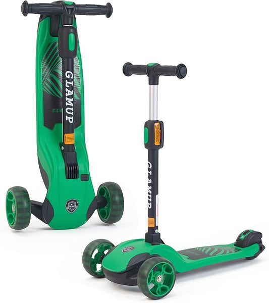 GLAMUP Kids Kick Scooter 3 Wheels, Kids Scooter Height Adjustable Handlebar, Lean-to-Steer System & Easy-Folding Mechanism, Ages 3-14 Boys and Girls