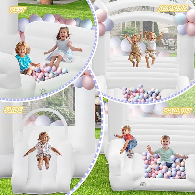 White Bounce House for Kids 3-8, Large Inflatable Bouncy House with Air Blower Slide Ball Pit Jumping 100 Balloons, Bouncy Castle for Party Birthday Wedding Event Indoor Outdoor (10x6x6FT)