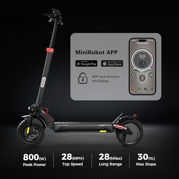 iScooter Electric Scooter, 10" Tires, 800W Motor E-Scooter Up to 25/28 Miles Range, Top Speed 24/28 MPH, Adjustable Handlebar Height, Folding Commuting Electric Scooter for Adults-(Optional Seat)