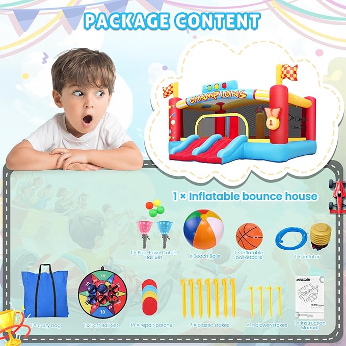 Big Inflatable Obstacle Bounce House for Big Kids, 13FT Outdoor Inflatable Bouncers, Double Basketball Hoop,Throw Ball Game,Punching Game,Jumping Bouncy Castle (Extra Large NO Blower)