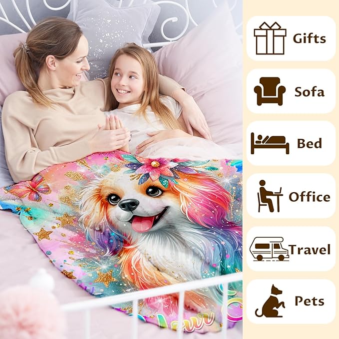 Personalized Blanket for Girls, Dog Throw Blanket Gift for Kids Teens, 80"x60" Custom Name Cozy Flannel Blankets for Couch Sofa Bed Bedroom Decor Travel