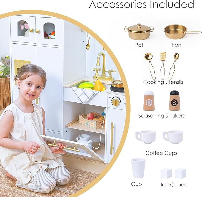 Wooden Play Kitchen Set - Realistic Pretend Play Kitchen with Stove, Sink, Coffee Maker & 11 Fun Accessories | Montessori Toy Kitchen for Toddlers Ages 3+