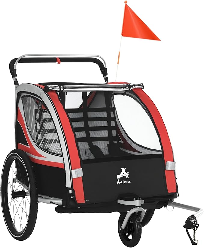 Aosom 3-in-1 Walk/Jog/Ride Child Baby Bike Trailer for Kids 2 Seater, High-Visibility Bike Stroller for Toddler Wagon, Weather-Strong Double Bicycle Trailer Accessory for Kids