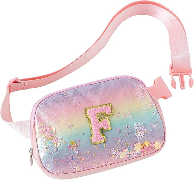 Fanny Pack for Girls,Birthday Easter Gifts,Chenille Initial Letter Girls Crossbody Bag,Preppy Teen Belt Bag for Graduation Travel Gifts,Cute Sequin Trendy Stuff.Pink-F