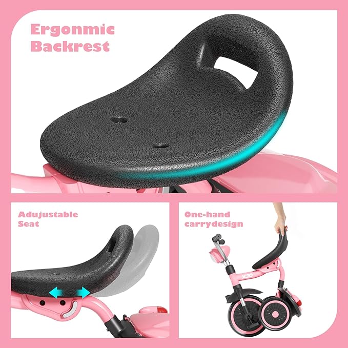 XJD Toddler Tricycle, Foldable Toddler Bike with Pedals, Tricycle for 2-5 Year Olds, Adjustable Comfortable Seat, Birthday Gifts for 1-5 Years Old Boys and Girls (Pink)