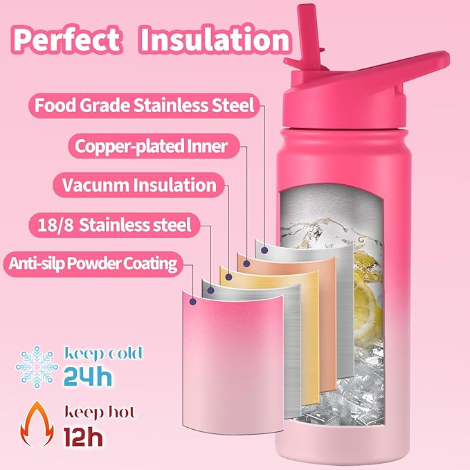 Mininoo Kids Water Bottle, Girls Water Bottle for School, 16oz Metal Stainless Steel Water Bottle Kids with Straw Lid（Sweat Peach）