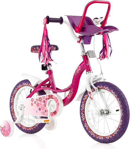 BABY JOY Kids Bike, 12 14 16 18 Inch Children Bicycle w/Detachable Training Wheels, Storage Basket, Adjustable Seat & Handlebar, Bow or Streamer, Girls Bike for 3-8 Years Old