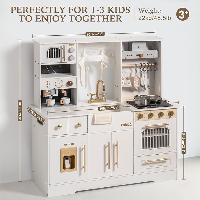 ROBUD Wooden Play Kitchen Set for Kids and Toddlers with Coffee Machine, Ice Maker, Microwave, Oven, Large Cabinet, 12 Accessories, Gift for 3+, White