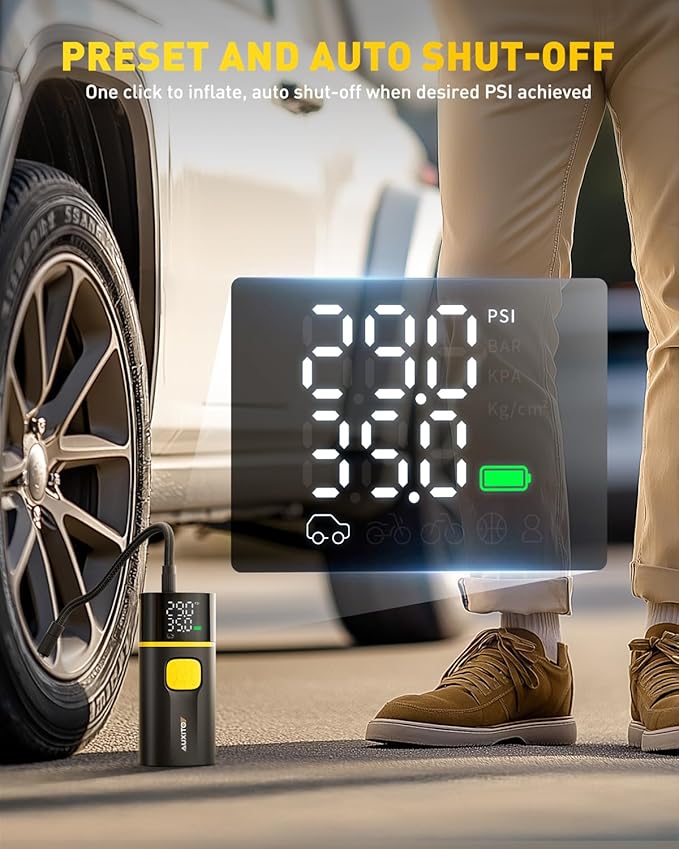 AUXITO A502 Tire Inflator Portable Air Compressor - 150PSI Dual Cylinder 7800 mAh & 12V DC, Bike Pump Air Pump for Car, Truck, Bike, Motorcycle with Digital Tire Pressure Gauge, Car Gifts for Men