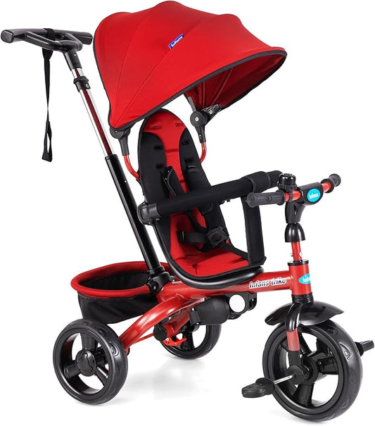INFANS Kids Tricycle, 6 in 1 Stroll Trike with Adjustable Push Handle, Removable Canopy, Retractable Foot Plate, Lockable Pedal, Detachable Guardrail, Suitable for 10 Months to 5 Years (Red)