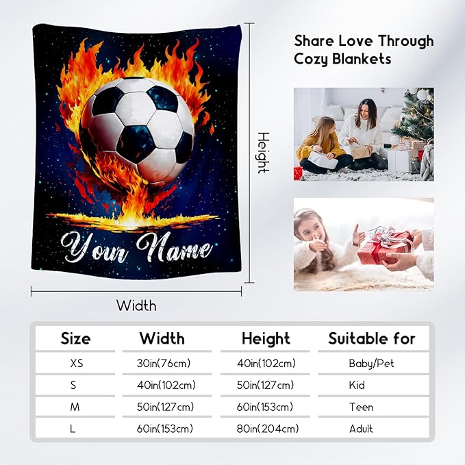 Personalized Soccer Blanket Gifts for Kids - Custom Soccer Gift for Boys 8-12, Sports Throw Blankets for Team Player Adults Men - Soft Plush Girls Throws for Couch, Bed (Blue, 50x60 Inch)