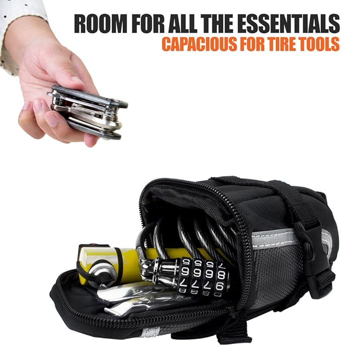 BV Strap-On Bike Bag with Reflective Material - Capacious Saddle Bag with Seperate Divider for Small Items & Room for All Your Essentials - Bike Pouch with Taillight Hanger for Maximum Safety