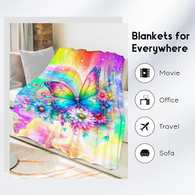 Girls Throw Blanket, Butterfly Blanket Gifts for Girls, Kids Butterfly Gifts with Flower, Warm Flannel Throw for Couch Bed, 60"x80"