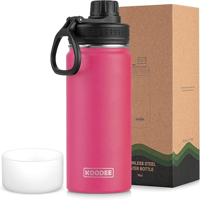 koodee Insulated Water Bottle, 18oz Stainless Steel Double Wall Vacuum Wide Mouth Sport Bottle with Leakproof Spout Lid (Pink Red)