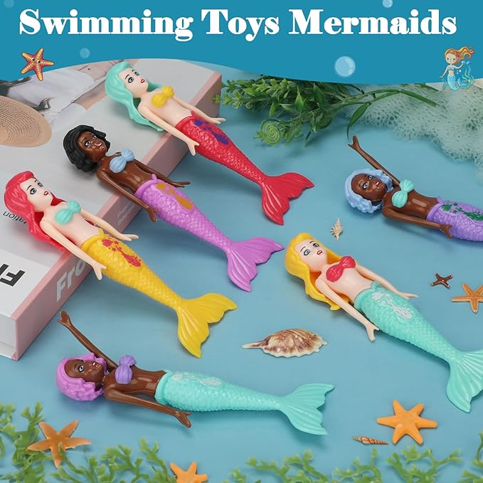 6 PCS Mermaid Dive Toys Set Sinking Pool Bathtub Games Dolls Colorful Underwater Diving Mermaids for Kids Girls Aged 3-12 Non-Repeating Designs for Swimming Skills Training Spring Summer Beach Fun