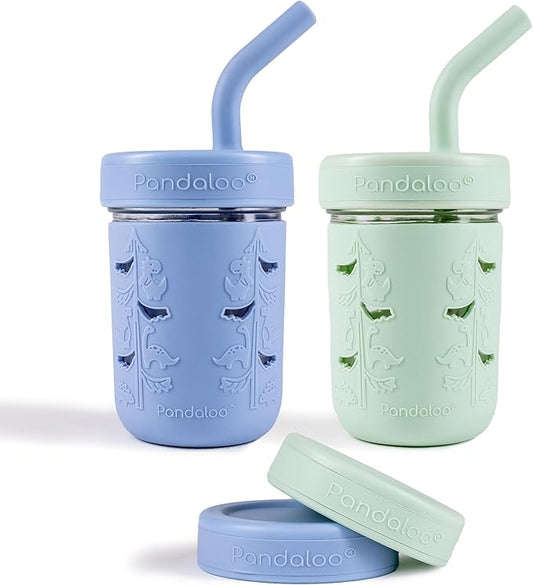 Pandaloo® Mason Jar Toddler Cup - 8 oz Spill-Proof Glass Tumbler with Silicone Straw and Lid, Non-Slip Sleeve, BPA-Free Toddler Snack Cups - Perfect Smoothie Cups with Lids and Straws for Kids