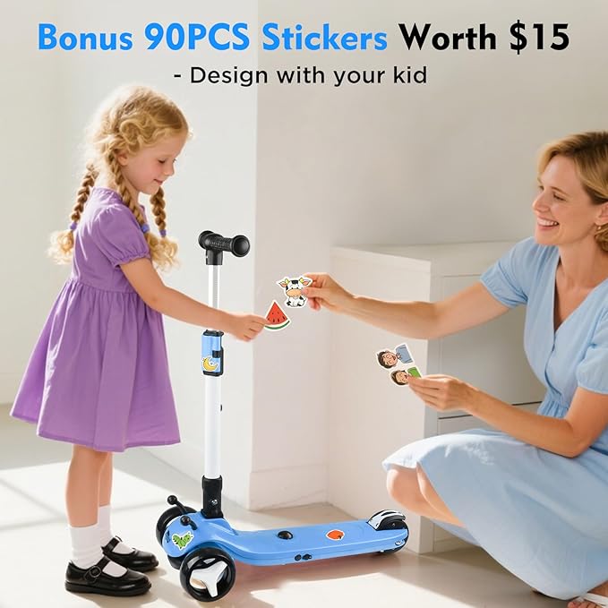3 Wheel Electric Scooter for Kids Ages 3-12, w/Full Body Lights Up, DIY Stickers, 3 Adjustable Heights, 5Mph Safe Speed, 90min Riding, BLISSRIDE Foldable Kids Electric Scooter for Boys & Girls