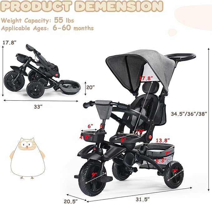 Folding Kids' Tricycle, 8 IN1 Baby Trike W/Removable Canopy &Parental Push Rod, Toddler Bike Stroller for Kids 1-5 Years, 360° Swivel Seat, EVA Wheels，Storage Basket, Grey