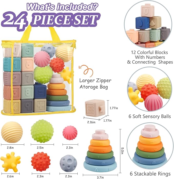 Montessori Toys for Babies,Soft Stacking Building Blocks Rings Balls Sets,3 in 1 Baby Toy Bundle,Sensory Toy for Kids, Soft Teething Toys for Babies,Baby Gifts for Boy Girl