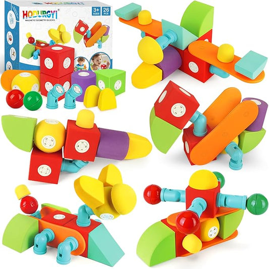 26 PCS Magnetic Foam Blocks, STEM Preschool Toys for Children, Magnetic Building Blocks for Toddlers, Kids Bath Toys and Montessori Sensory Toys, Birthday for Boys & Girls Age 3 4 5 6+
