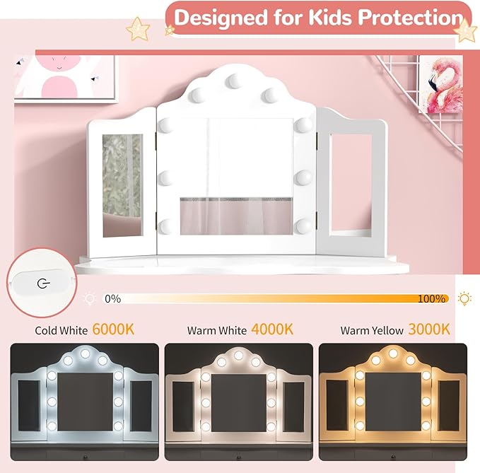 AKUSTIK Kids Vanity with Lights, 2 in 1 Wooden Dressing Table and Chair Set with Tri-Folding Mirror, Stool, Storage Drawer, Toddlers Pretend Princess Beauty Playset Toy Gift for Little Girls