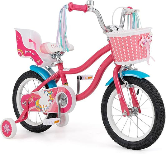 BABY JOY Kids Bike, 12 14 16 18 Inch Children Bicycle w/Detachable Training Wheels, Storage Basket, Adjustable Seat & Handlebar, Bow or Streamer, Girls Bike for 3-8 Years Old