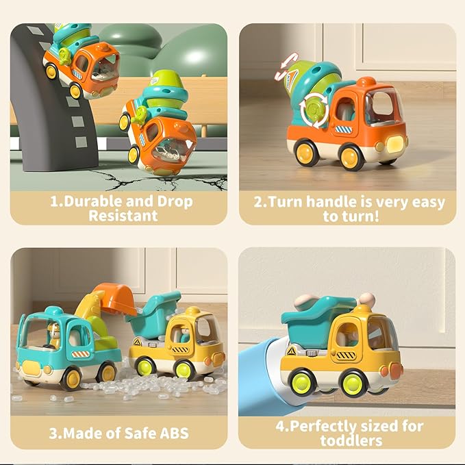 Baby Toys Push Cars for 1 2 3 Year Old Friction Powered Construction 3 Pack Friction Vehicle Set Excavator Dumper Cement Mixer Truck Lights and Musial Toys Birthday Gifts for Toddlers 1-3