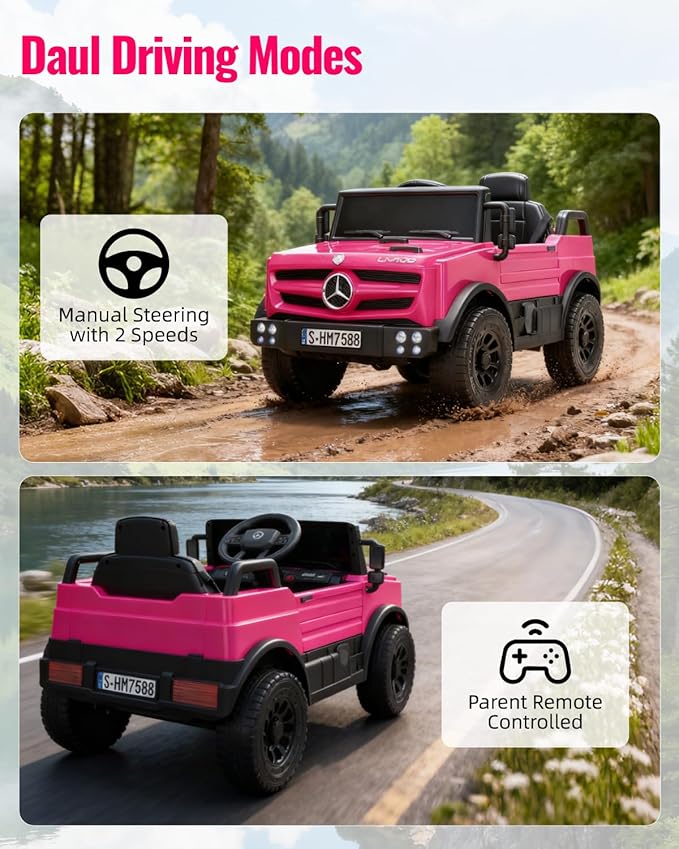 12V Ride on Car for Kids, Licensed Mercedes-Benz Unimog w/Parent Remote Control, LED Headlights, Music Player & Horn for 3-7 Years Toddler, Pink