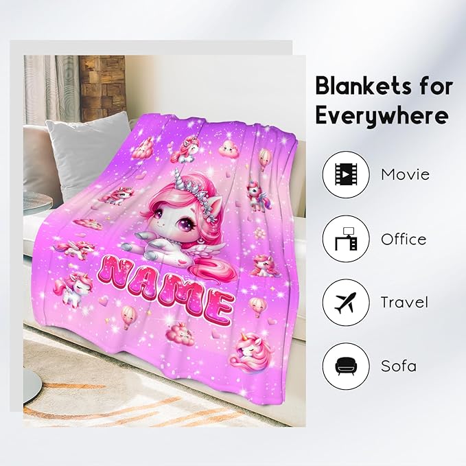 Unicorn Blanket for Girls - Personalized Kids Blankets Gift - Soft Flannel Throw for Couch, Sofa Bed, 4 Size