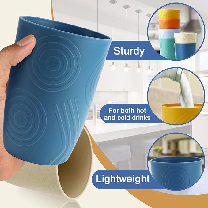 Wheat Straw Cups 6 PCS - 16 OZ Drinking Glasses, Unbreakable Large Cup, Lightweight Cup Set for Kitchen, Alternative to Plastic Cups Reusable Dishwasher Safe Water Tumbler (Multicolor)