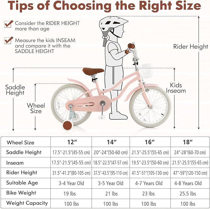 COSTWAY Kids Bike, 12 14 16 18 Inch Toddler Bike Children Bicycle w/Training Wheels, Hand & Coaster Brakes, Adjustable Saddle & Handlebar, Basket, Bell, Kids Bicycle for Girls Boys Aged 3-8 Years Old