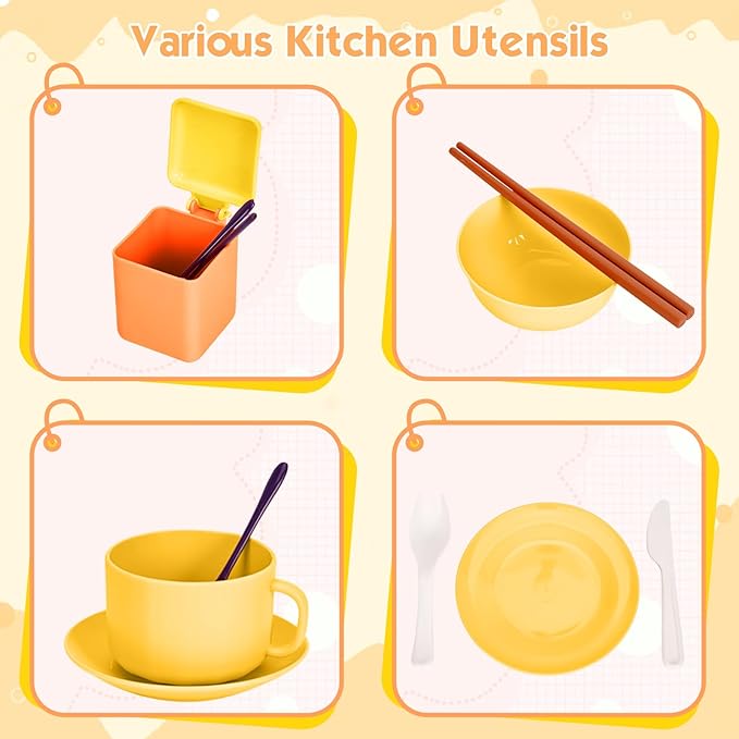 56Pcs Mini Play Kitchen Accessories for Kids, Pretend Cooking Playset with Cookware, Tableware & 2 Fruit Sets, Learning Gift for Girls, Boys, Toddlers, Yellow