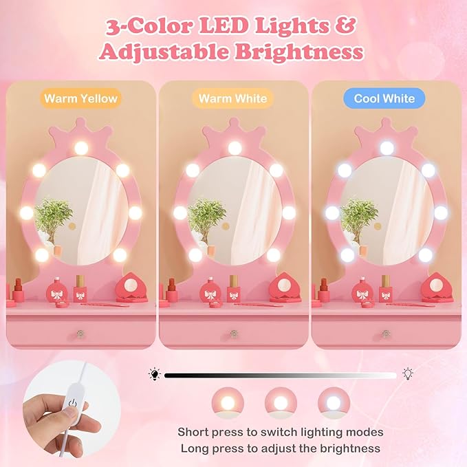 HONEY JOY Kids Vanity with Lights, Princess Wooden Makeup Table & Stool with Drawer, 3-Color LED Lights, Toddler Dressing Vanity for Little Girls, Pretend Play Kids Vanity Table and Chair Set (Pink)