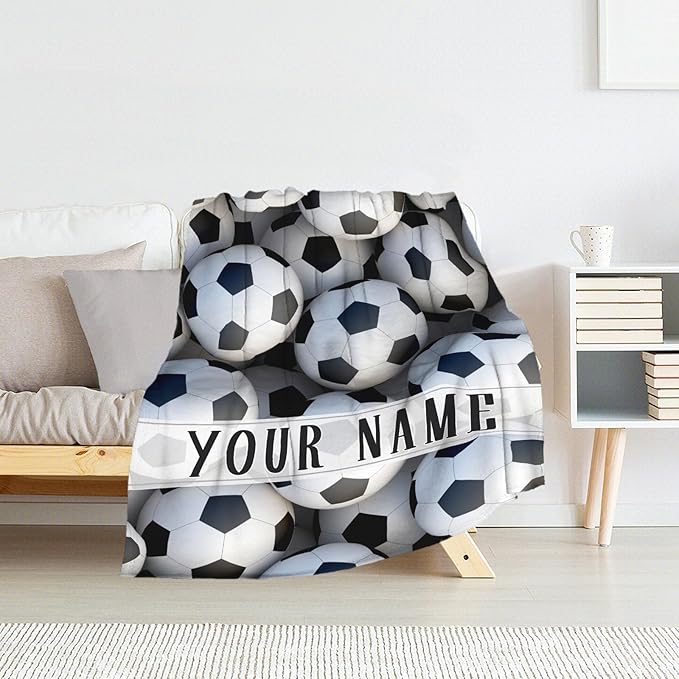 Personalized Soccer Throw Blanket with Name - Soft, Fuzzy & Warm - 60x80 Inches Twin Size Blanket for Couch, Office - White Cute Throw Gift for Girls, Boys