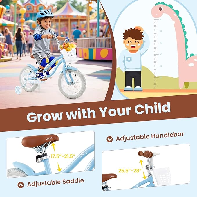 COSTWAY Kids Bike, 12 14 16 18 Inch Toddler Bike Children Bicycle w/Training Wheels, Hand & Coaster Brakes, Adjustable Saddle & Handlebar, Basket, Bell, Kids Bicycle for Girls Boys Aged 3-8 Years Old