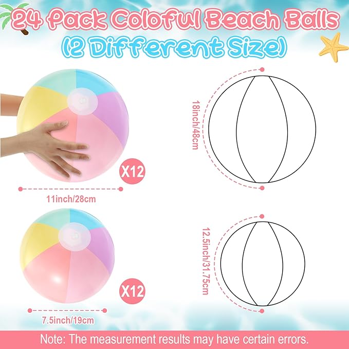 24 Pcs Inflatable Beach Balls Bulk Pastel Color Jumbo Big Macaron Beach Balls for Adults Summer Swimming Pool Water Games Party Favor (16 Inch, 12 Inch)