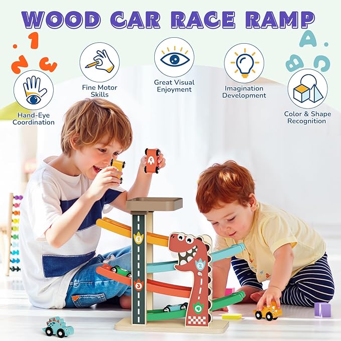 Montessori Toys for 1 Year Old, Car Ramp Track Toy for Toddlers 1-3, Wooden Toy Race Track with 4 Mini Cars, 2 Dinosaur Cars, 4 Ramps, Gift for Boys Girls Christmas Birthday