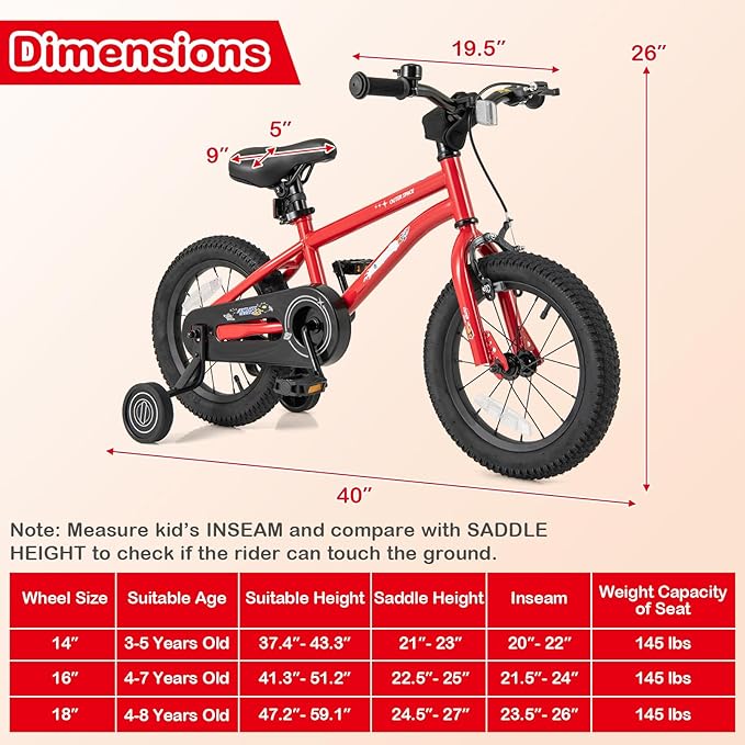 BABY JOY Outer Space Kids Bike, 14 16 18 Inch Sport Bicycle for 3-8 Years Old w/Adjustable Saddle, Training Wheels, Widened Tyre, Handbrake & Coaster Brake, 95% Pre-Assembled Girls Boys Bike