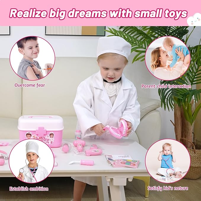 Durable Doctor Kit for Kids, 27 Pcs Deluxe Pretend Play Set Medical Toy with Real Stethoscope for Toddlers Boys Girls Christmas Birthday Gift Aged 3 4 5 6 7 8(Pink)