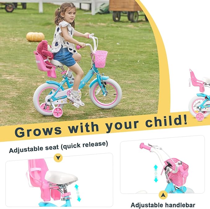 Glerc Maggie Girls Bike, 12-20 Inch Kids Bike for 2-13 Years Old Children, Princess Style Kids Bicycle with Doll-Seat & Basket & Training Wheels, Multiple Colors