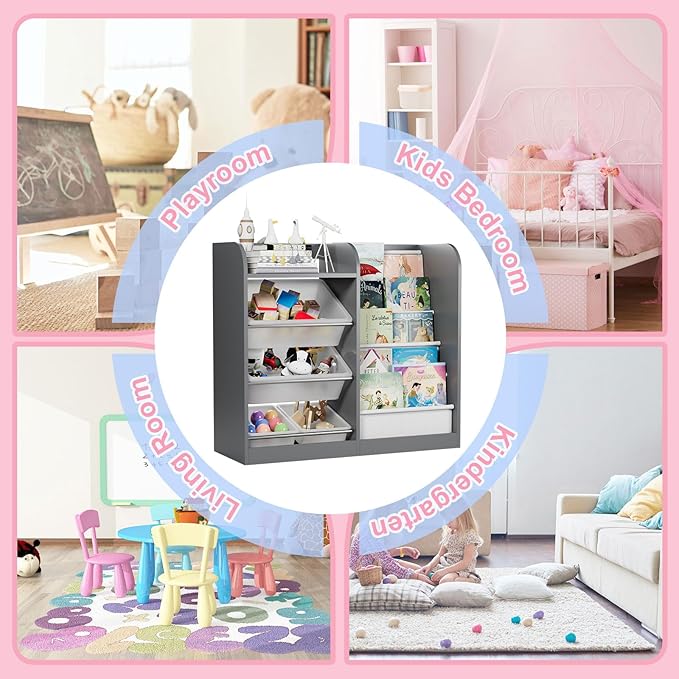 Grey Kids Wood Bookshelf Toy Storage Box Organizer Shelf W/4 Removable Plastic Toy Bins Children Bookcase Toddler Baby Sling Book Rack Cabinet Chest Girl Boy Gift Playroom Classroom Bedroom Nursery