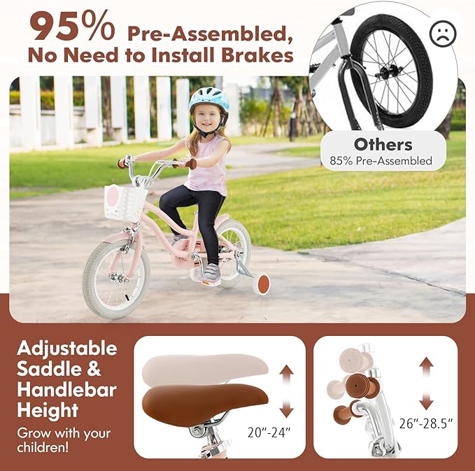 COSTWAY Kids Bike, 12 14 16 18 Inch Toddler Bike Children Bicycle w/Training Wheels, Hand & Coaster Brakes, Adjustable Saddle & Handlebar, Basket, Bell, Kids Bicycle for Girls Boys Aged 3-8 Years Old