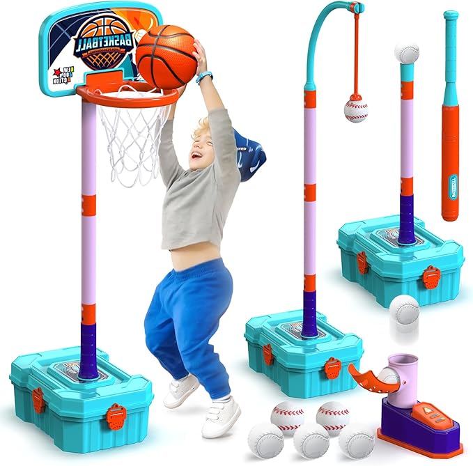Kids Basketball Hoop and T-Ball Set for Kids 3-5, 4 Adjustable Toddler Basketball Hoop Indoor Outdoor Kids Toys Birthday Gift for Boys Girls