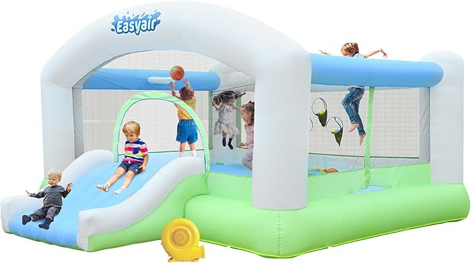 Large Bounce House for Big Kids, 14.8 x 14.5 FT Inflatable Bouncer Jumper Slide with 650W Blower, Basketball Hoop, Throw Ball Game, Ball Pits White