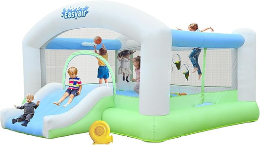 Large Bounce House for Big Kids, 14.8 x 14.5 FT Inflatable Bouncer Jumper Slide with 650W Blower, Basketball Hoop, Throw Ball Game, Ball Pits White
