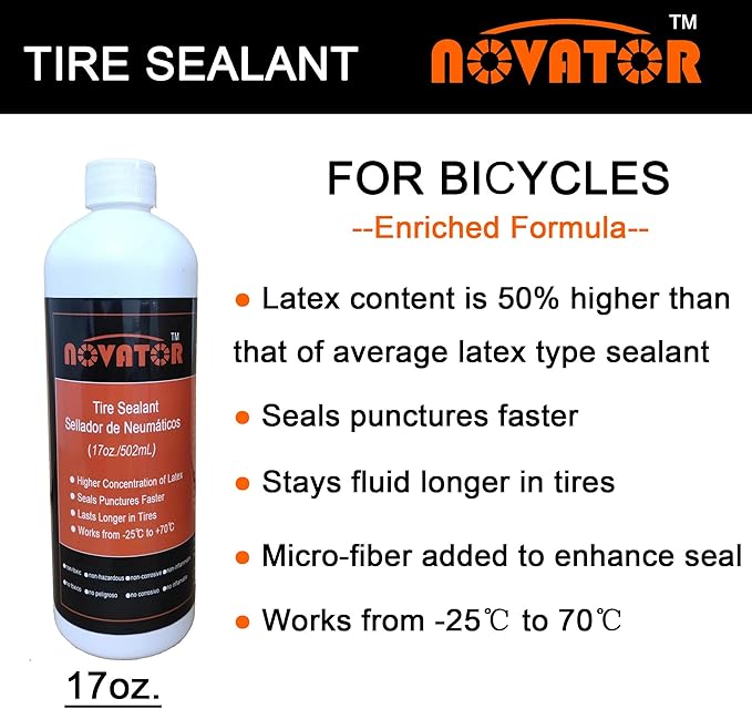 NOVATOR Endurance Bike Tire Sealant for Tubeless, Tubulars, Tubes, Seals Faster, Lasts Longer, Micro-Fiber for MTB, Road, Gravel Bicycle Tires