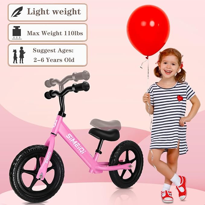 SIMEIQI 12" Balance Bike for Boys Girls 2 3 4 5 Years Old No Pedal Walking Balance Training Sports Bicycle for Kids Toddlers Lightweight Adjustable Seat & Handlebar