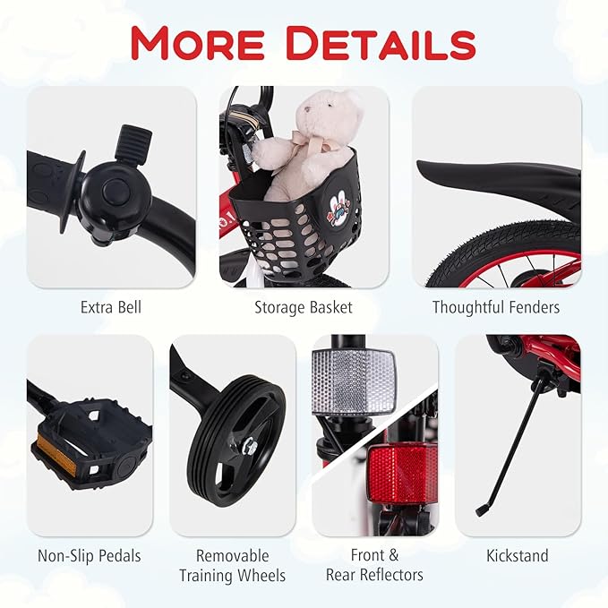 BABY JOY Rabbit Pilot Sporty Kids Bike, 12 14 16 18 Inch Child Bike for 3-8 Years Old with Adjustable Height, Training Wheels, Storage Basket, Handbrake & Coaster Brake, Kids Bicycle for Girls Boys