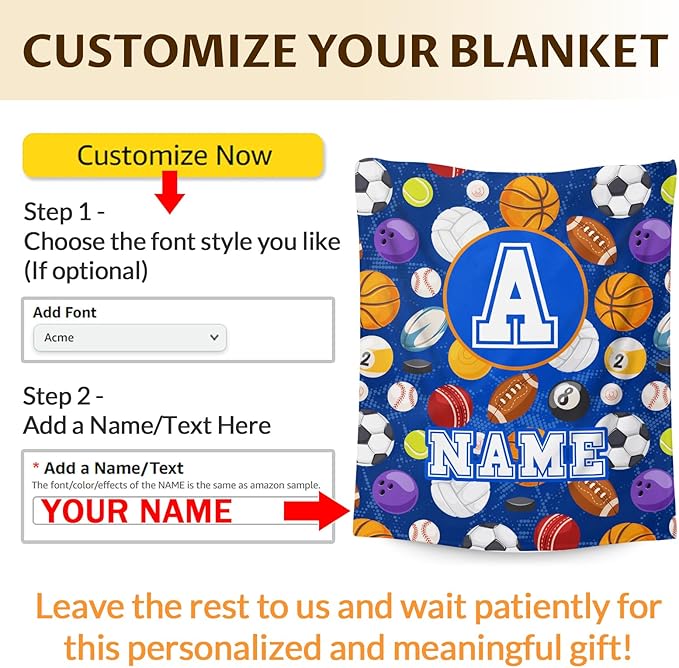 Boys Blanket Custom with Name Sports Blanket Gifts Ideas for Kids 6-8, Personalized Cute Soft Cozy Flannel Monogram Ball Throws for Couch Sofa Bedding Room Home Decor (4 Sizes)